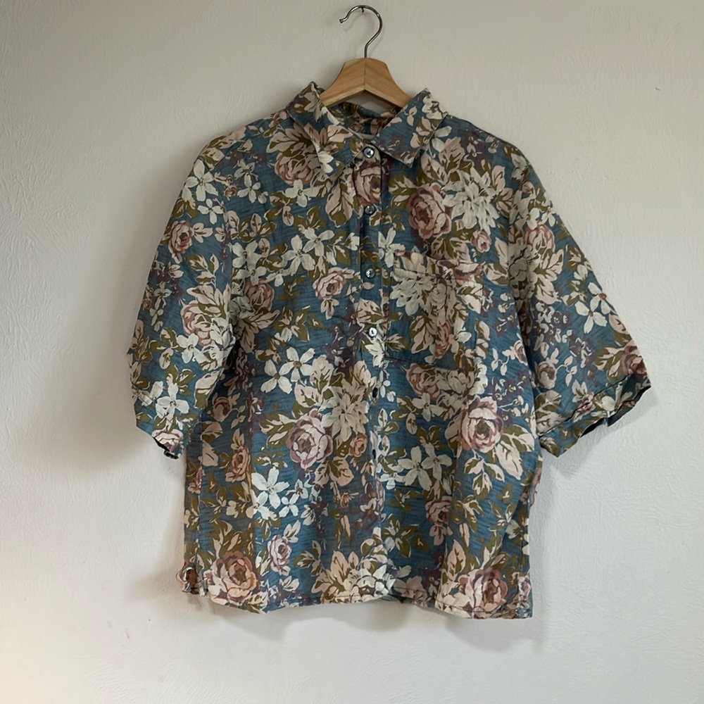100% linen button up floral top